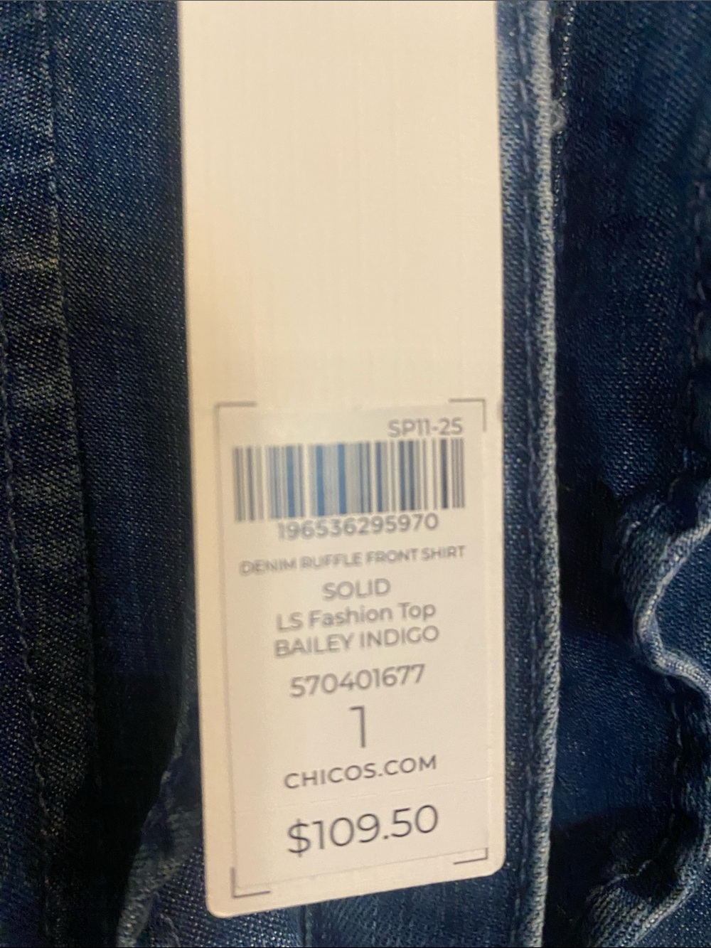 Chico's Washed Blue Ruffle-Front Denim Button Down - Picture 3 of 3